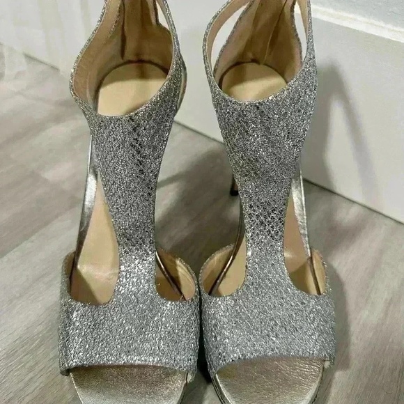 Jimmy Choo Womens Heels Size 38.5-8 Silver Glitter Platform Zip Back Glamorous - Picture 5 of 11